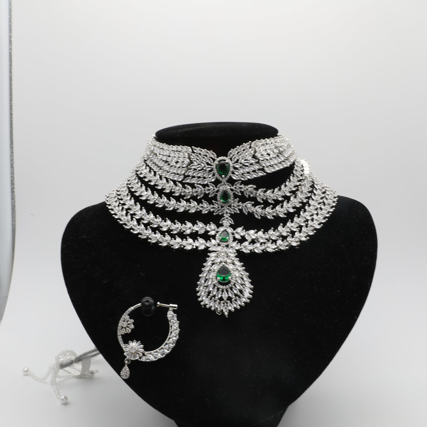 π Bridal American Diamond Jewelry Set β Necklace, Earrings, Tikka & Nath β¨