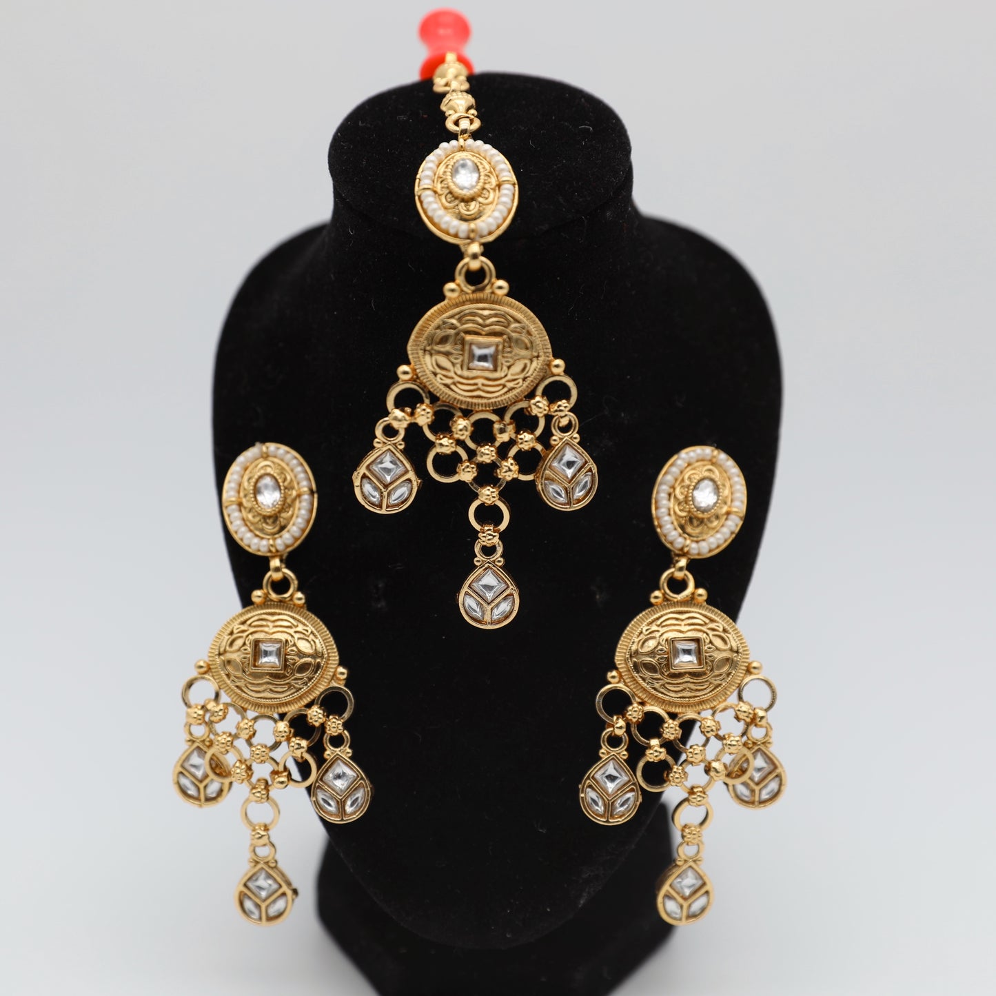 Gold-Plated White Necklace Set with Tikka β Necklace, Earrings & Tikka