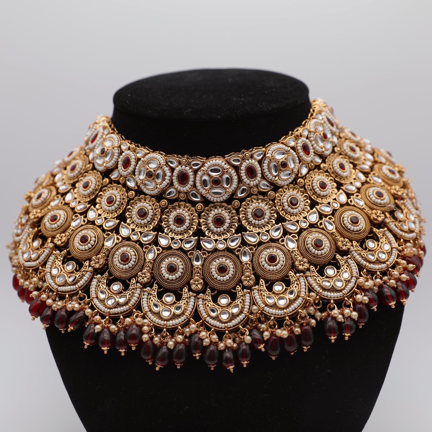 π Bridal Maroon Red Rajwadi Set β Necklace, Rajwadi Long Haar, Earrings with Sahara, Tikka, Sheesh Patti, Nath & Handpiece