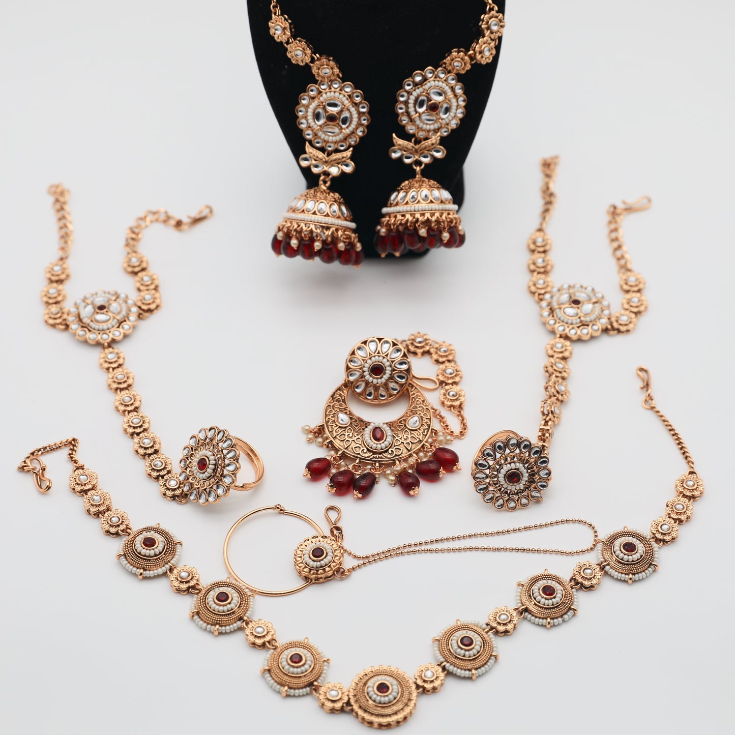 π Bridal Maroon Red Rajwadi Set β Necklace, Rajwadi Long Haar, Earrings with Sahara, Tikka, Sheesh Patti, Nath & Handpiece