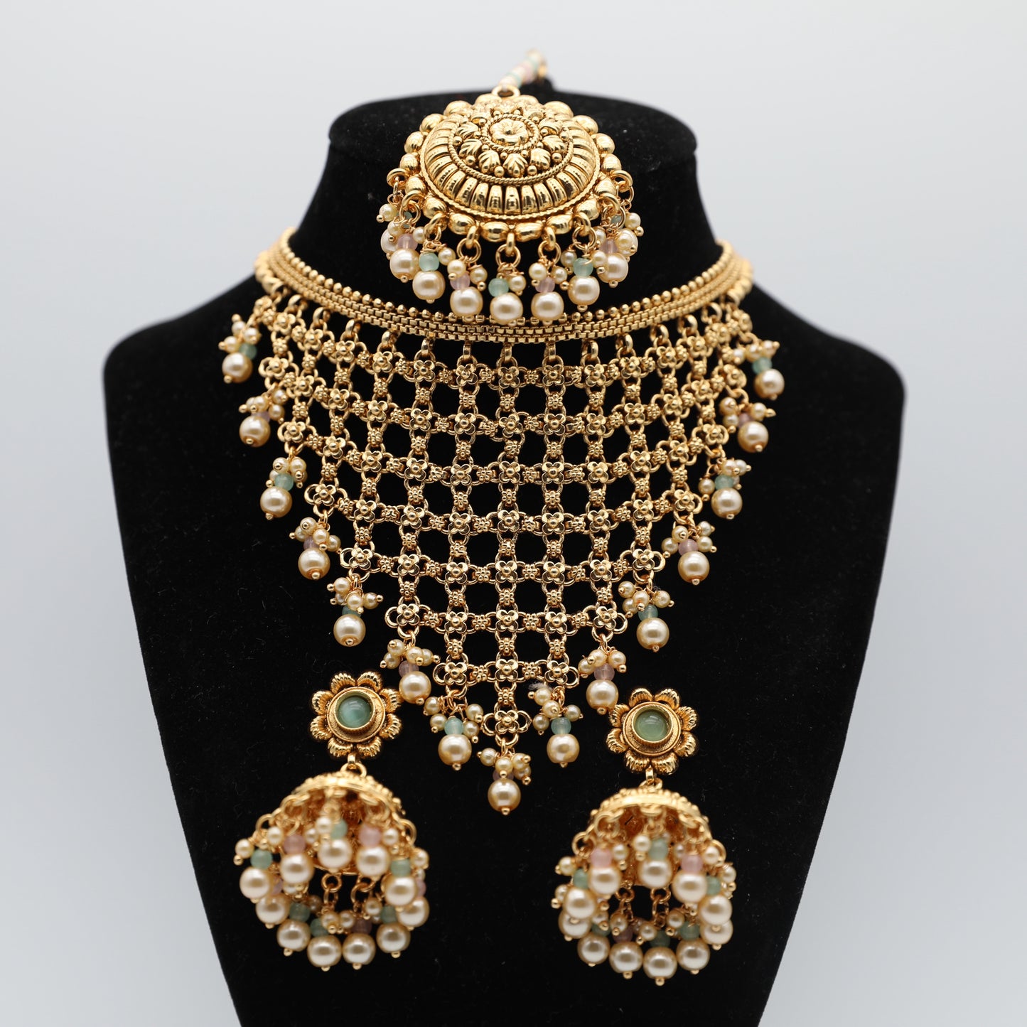 Gold-Plated Jewelry Set with Tikka β Necklace, Earrings & Tikka (Mint & Pink ππ | Green π)