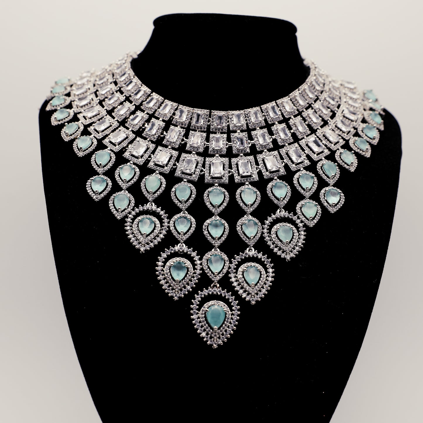 💎 Baby Blue Bridal American Diamond Jewelry Set – Necklace, Earrings, Ring & Tikka ✨