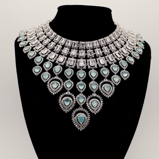 💎 Baby Blue Bridal American Diamond Jewelry Set – Necklace, Earrings, Ring & Tikka ✨