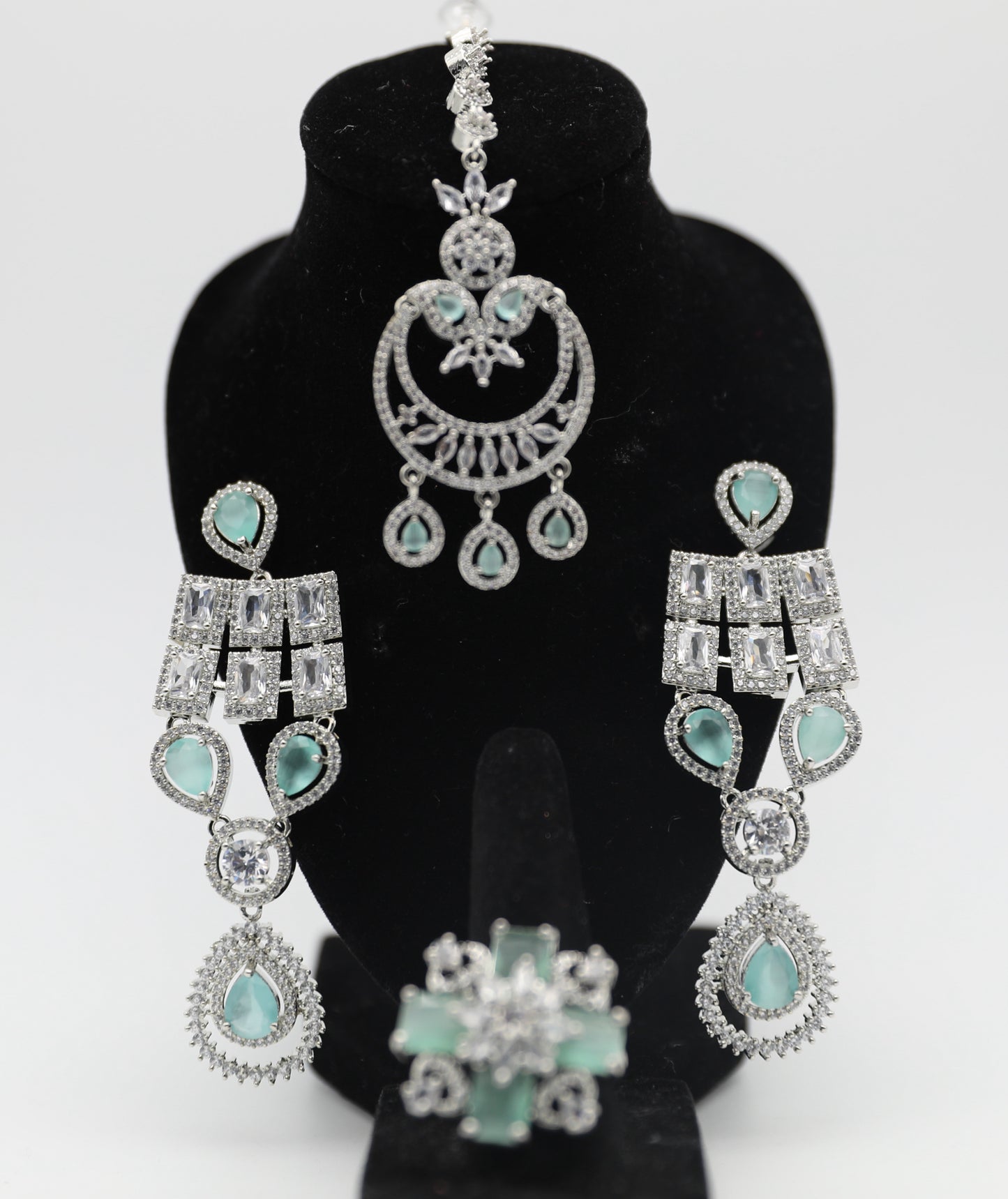 💎 Baby Blue Bridal American Diamond Jewelry Set – Necklace, Earrings, Ring & Tikka ✨
