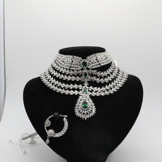💎 Bridal American Diamond Jewelry Set – Necklace, Earrings, Tikka & Nath ✨