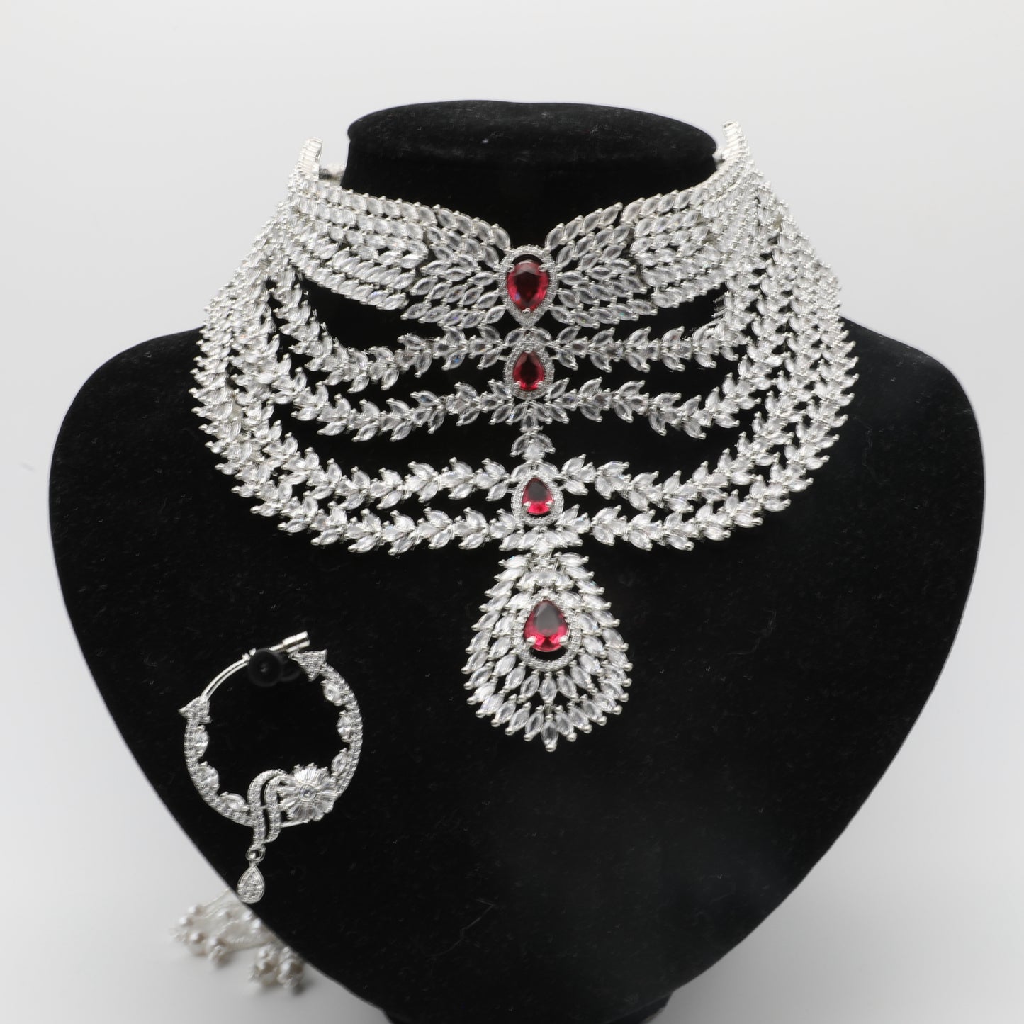 💎 Bridal American Diamond Jewelry Set – Necklace, Earrings, Tikka & Nath ✨