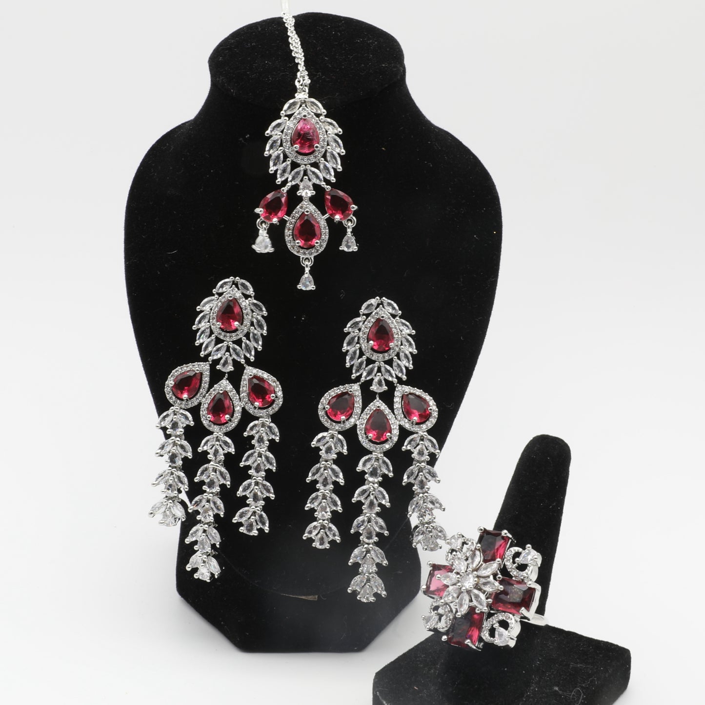 💎 Bridal American Diamond Jewelry Set – Necklace, Earrings, Tikka & Nath ✨