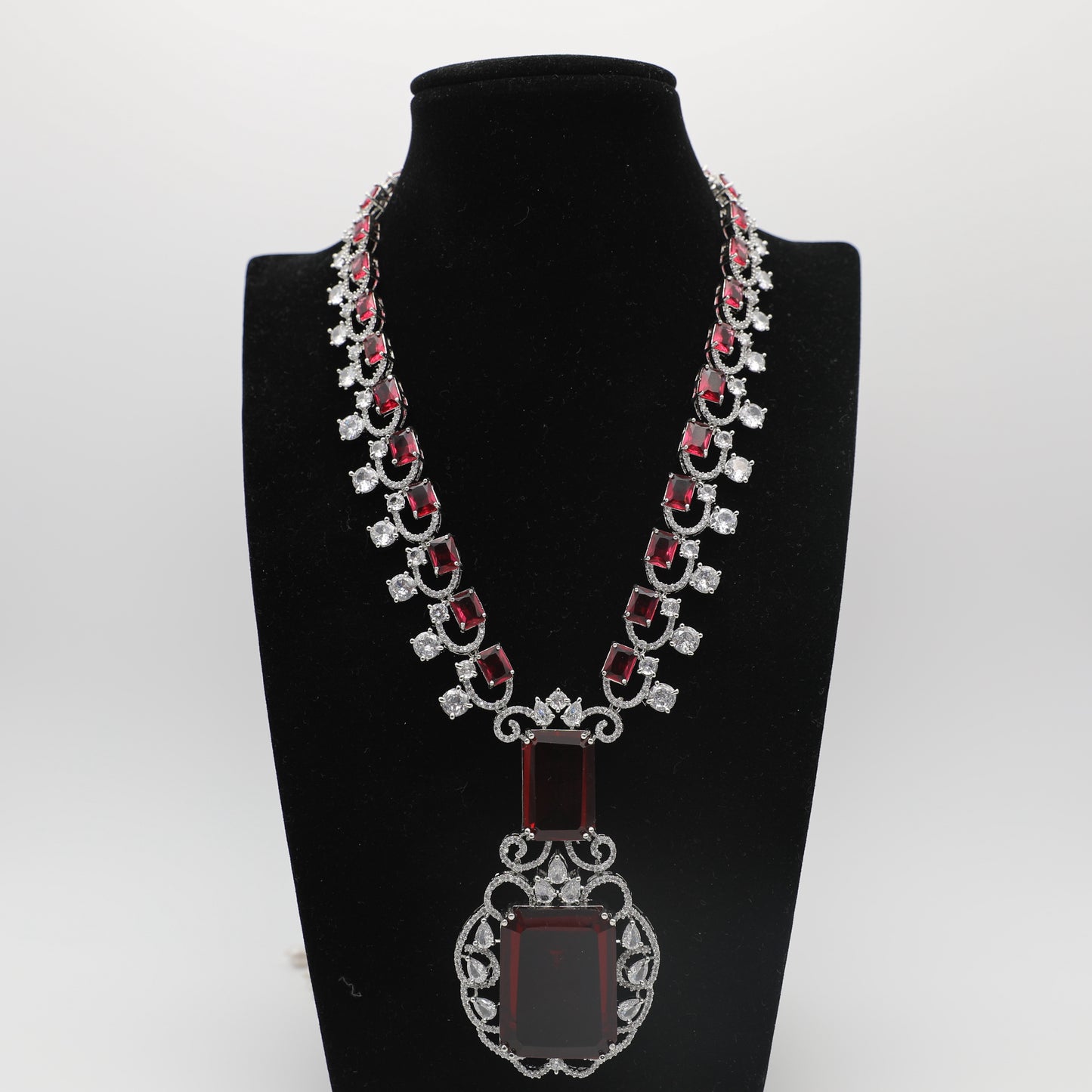 💎 Ruby American Diamond Long Necklace Set with Stud Earrings ✨