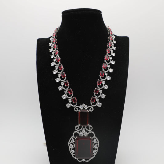 💎 Ruby American Diamond Long Necklace Set with Stud Earrings ✨