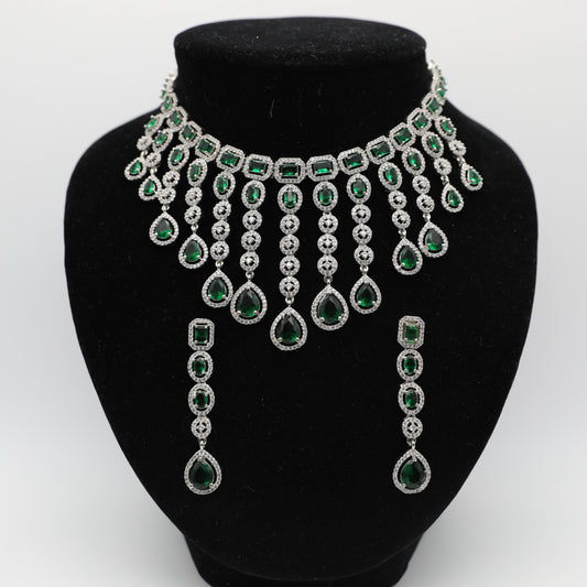 💚 Green American Diamond Necklace Set with Earrings – Elegant Bridal & Party Jewelry ✨