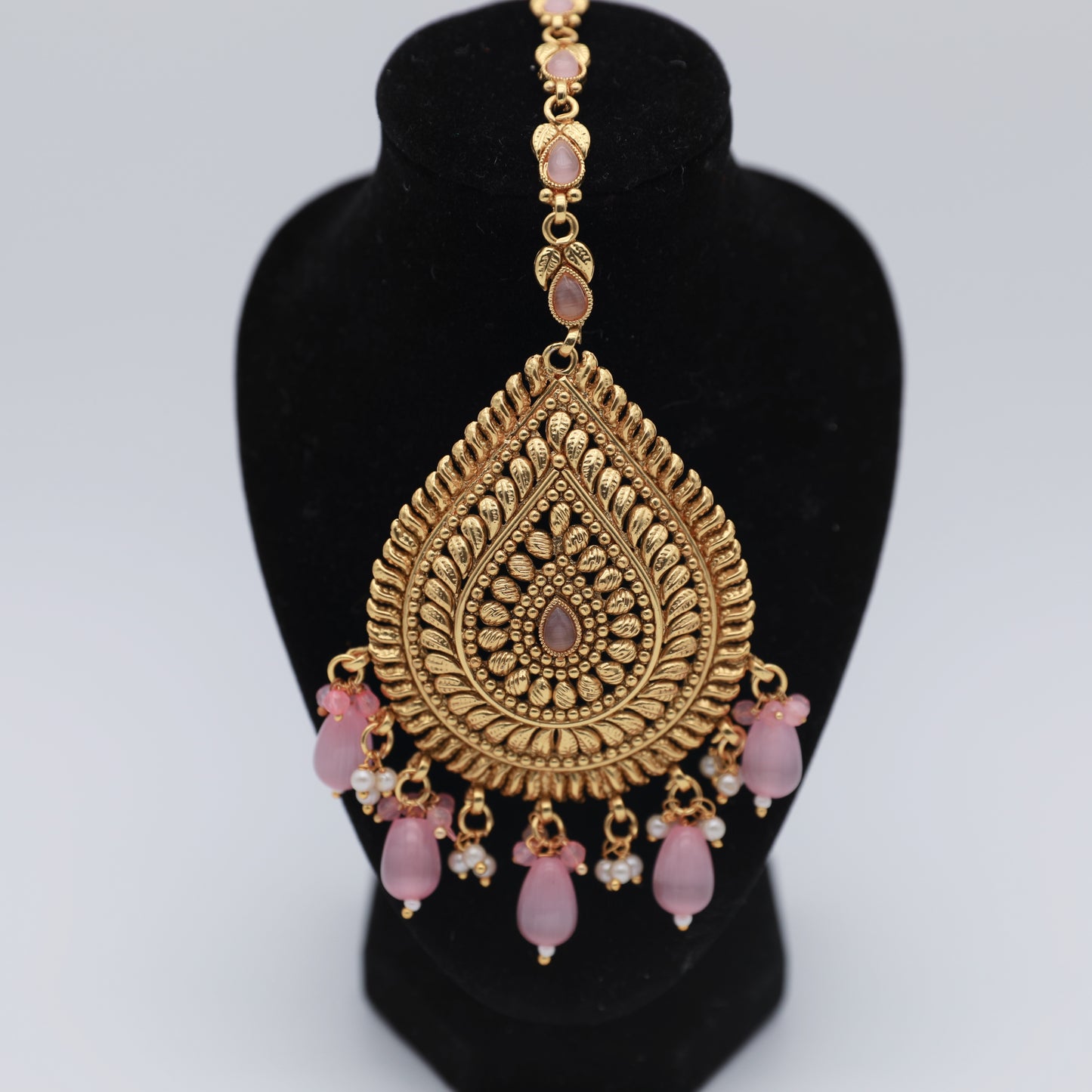 Antique Gold Pink Necklace Set with Tikka – Necklace, Earrings & Tikka