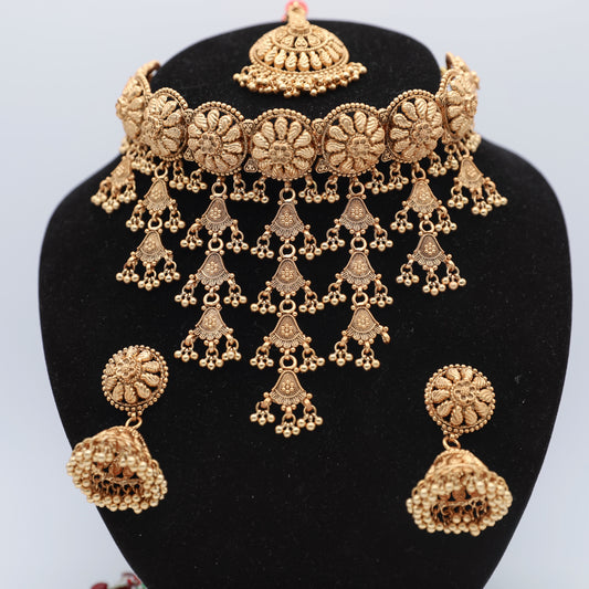 Matte Finish Pink Necklace Set with Tikka – Necklace, Earrings & Tikka