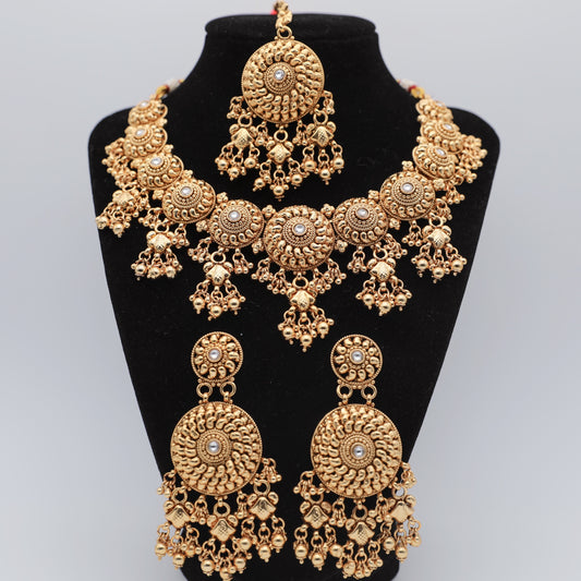 Matte Finish White Necklace Set with Tikka – Necklace, Earrings & Tikka