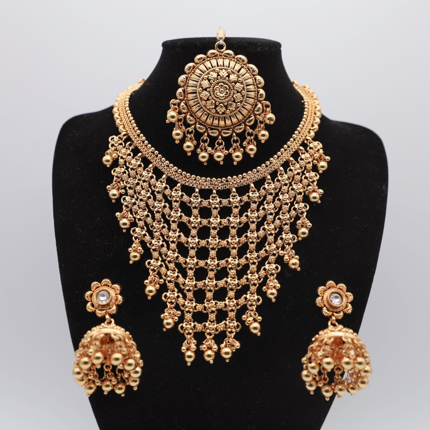 Matte Finish Necklace Set with Tikka – Necklace, Earrings & Tikka