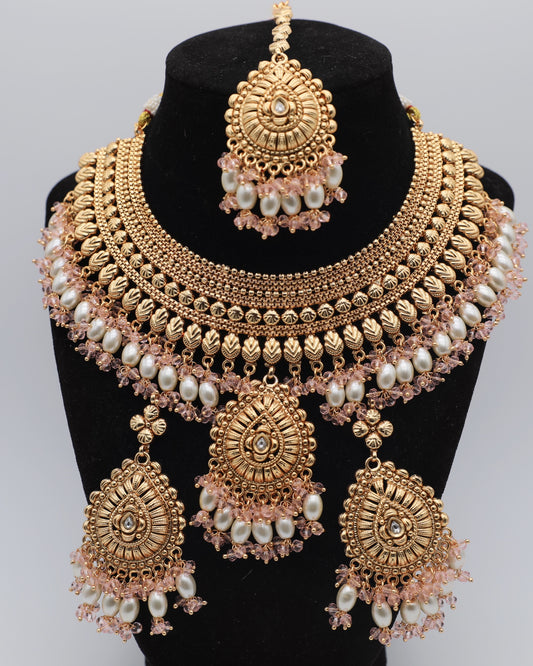 Pink Gold-Plated Necklace Set with Tikka – Necklace, Earrings & Tikka
