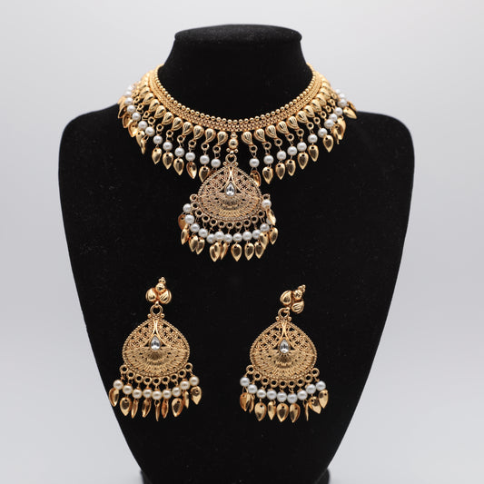 Gold Plated Traditional Pipal Patti Set with Earrings – White, Pink & Green 👑🌸💚✨