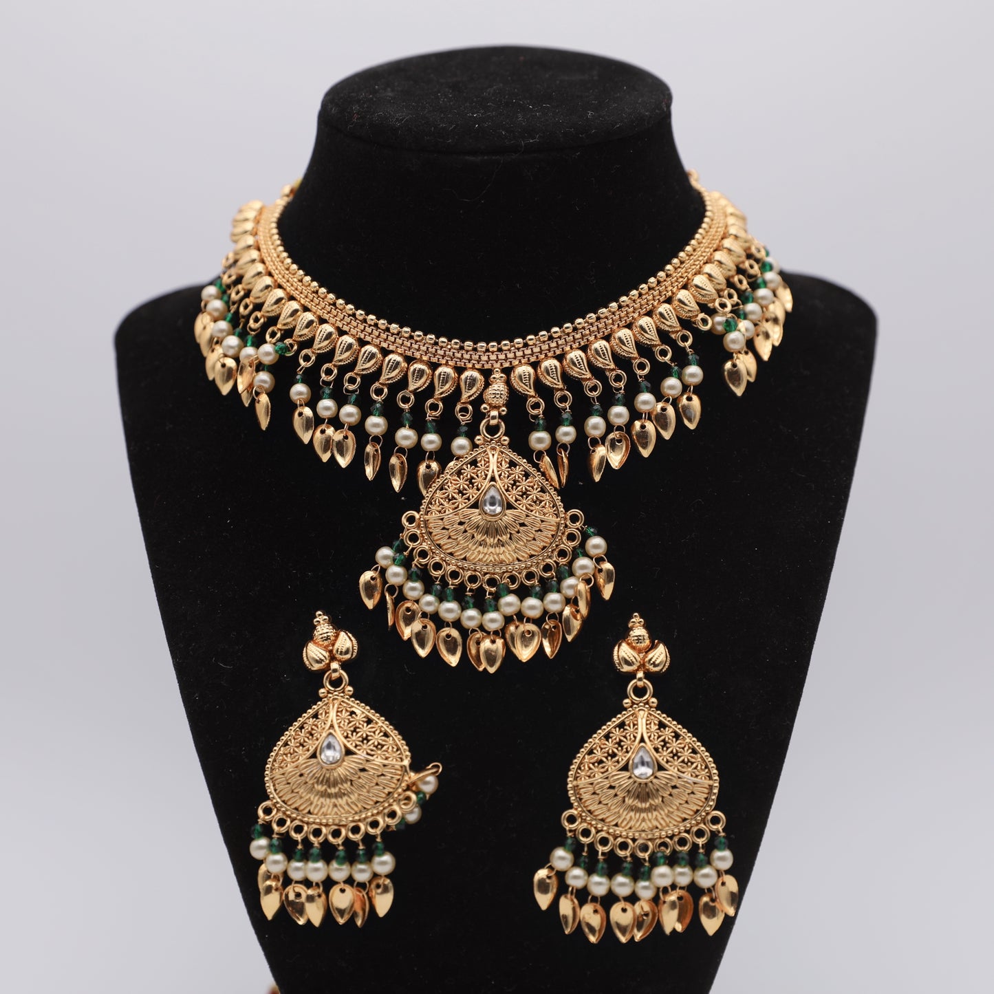 Gold Plated Traditional Pipal Patti Set with Earrings – White, Pink & Green 👑🌸💚✨