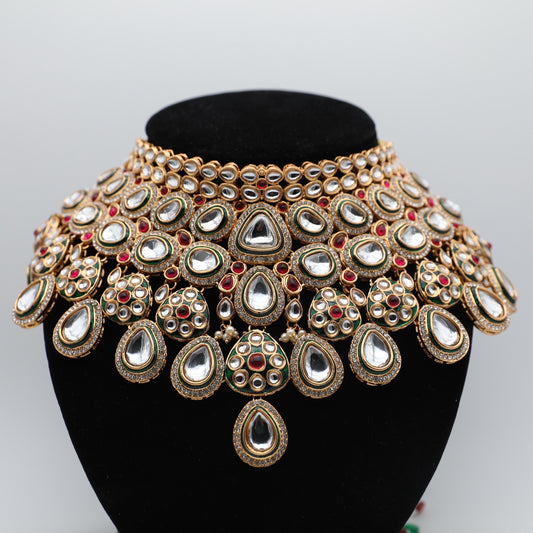👑 Bridal Jewelry Set – Necklace, Rajwadi Long Haar, Earrings with Sahara, Tikka, Nath & Handpiece