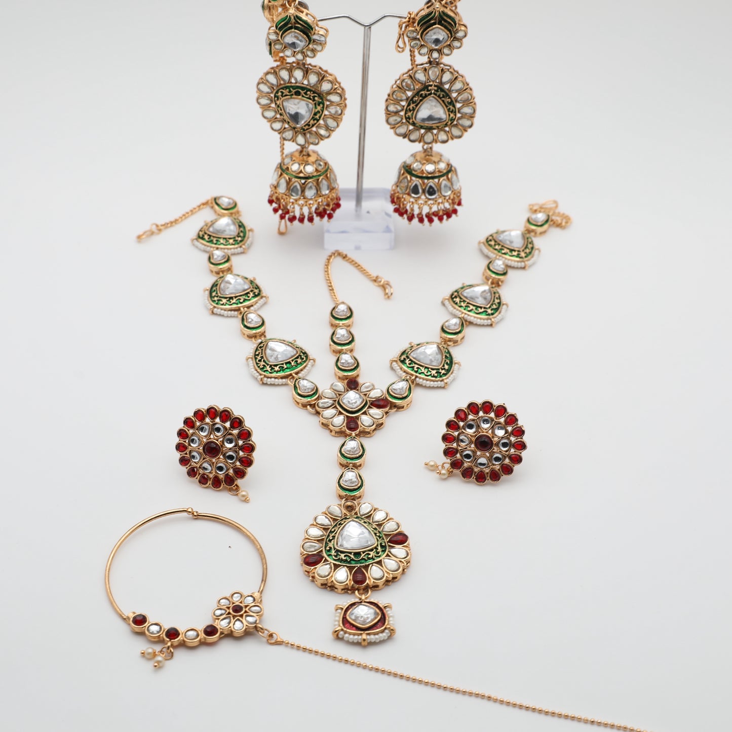 👑 Bridal Jewelry Set – Sheesh Patti with Tikka, Earrings with Sahara, Nath & 2 Rings
