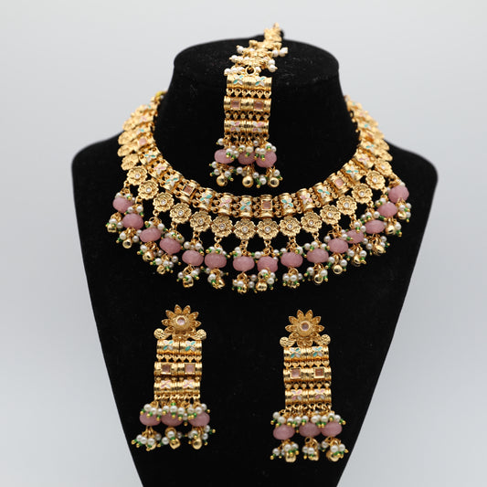 🌸 Gold-Plated Necklace Set – Pink & Mint Highlights + White Version – Necklace, Earrings & Tikka