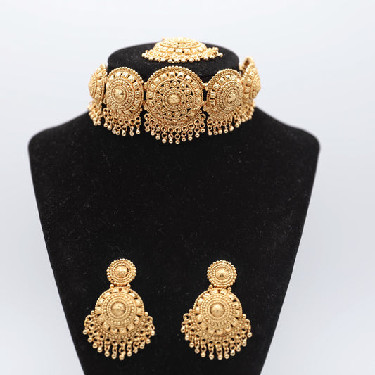 Gold-Plated Jewelry Set with Tikka – Necklace, Earrings & Tikka (Gold 💛 | Pink/Lavender 💜)
