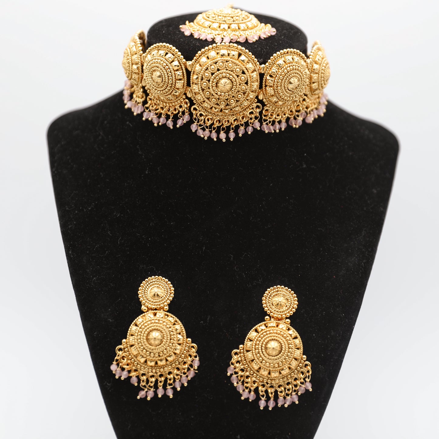 Gold-Plated Jewelry Set with Tikka – Necklace, Earrings & Tikka (Gold 💛 | Pink/Lavender 💜)