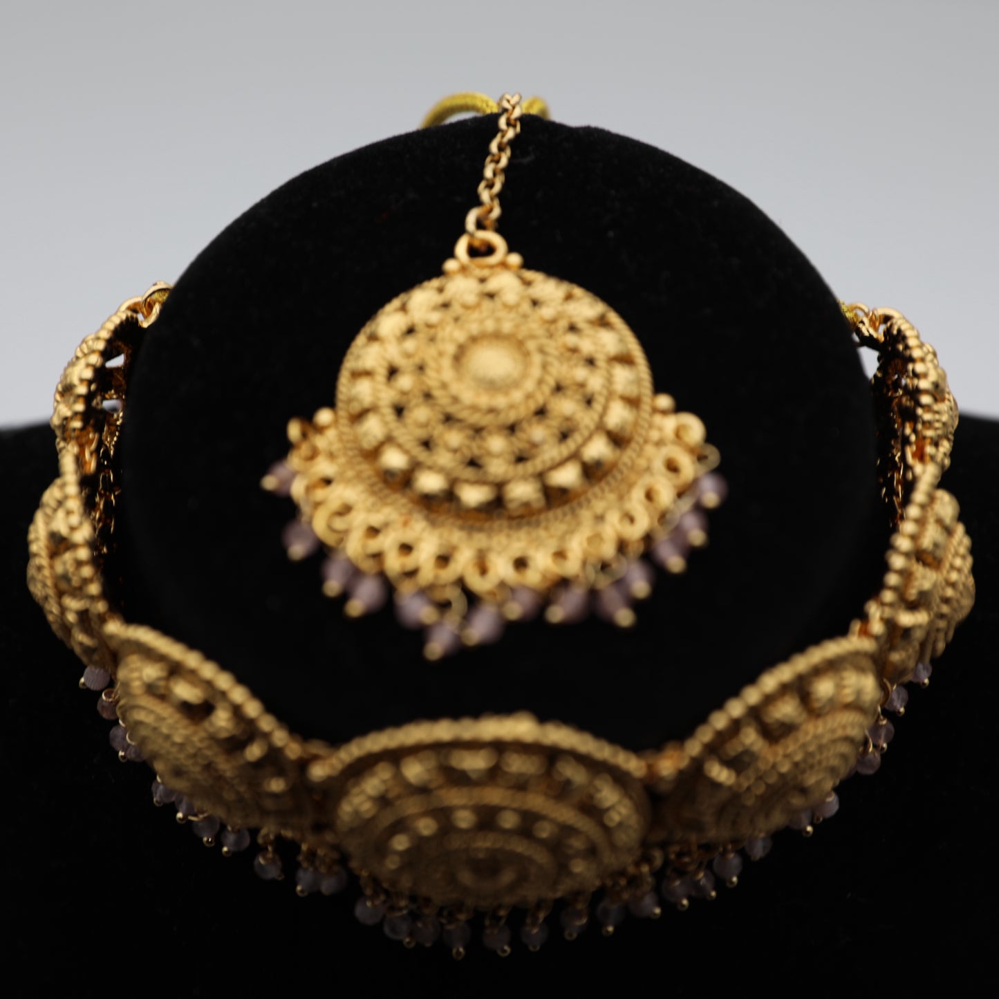 Gold-Plated Jewelry Set with Tikka – Necklace, Earrings & Tikka (Gold 💛 | Pink/Lavender 💜)
