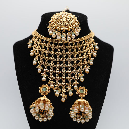 Gold-Plated Jewelry Set with Tikka – Necklace, Earrings & Tikka (Mint & Pink 💚💖 | Green 💚)