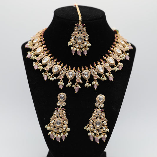 Moissanite Set with Tikka – Very Premium Quality – Pink & Green 💎✨