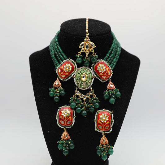 Kundan Set – Green Flower Design ✨ (With Earrings & Tikka)