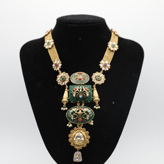 Long Kundan Set – Green & Mustard ✨ (With Earrings, No Tikka)