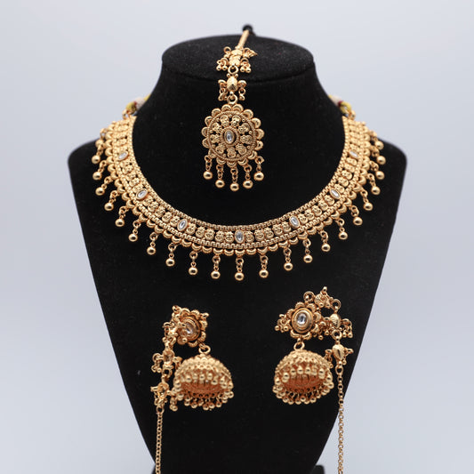 🤍 White Gold-Plated Premium Set – Necklace, Saharara Earrings & Tikka