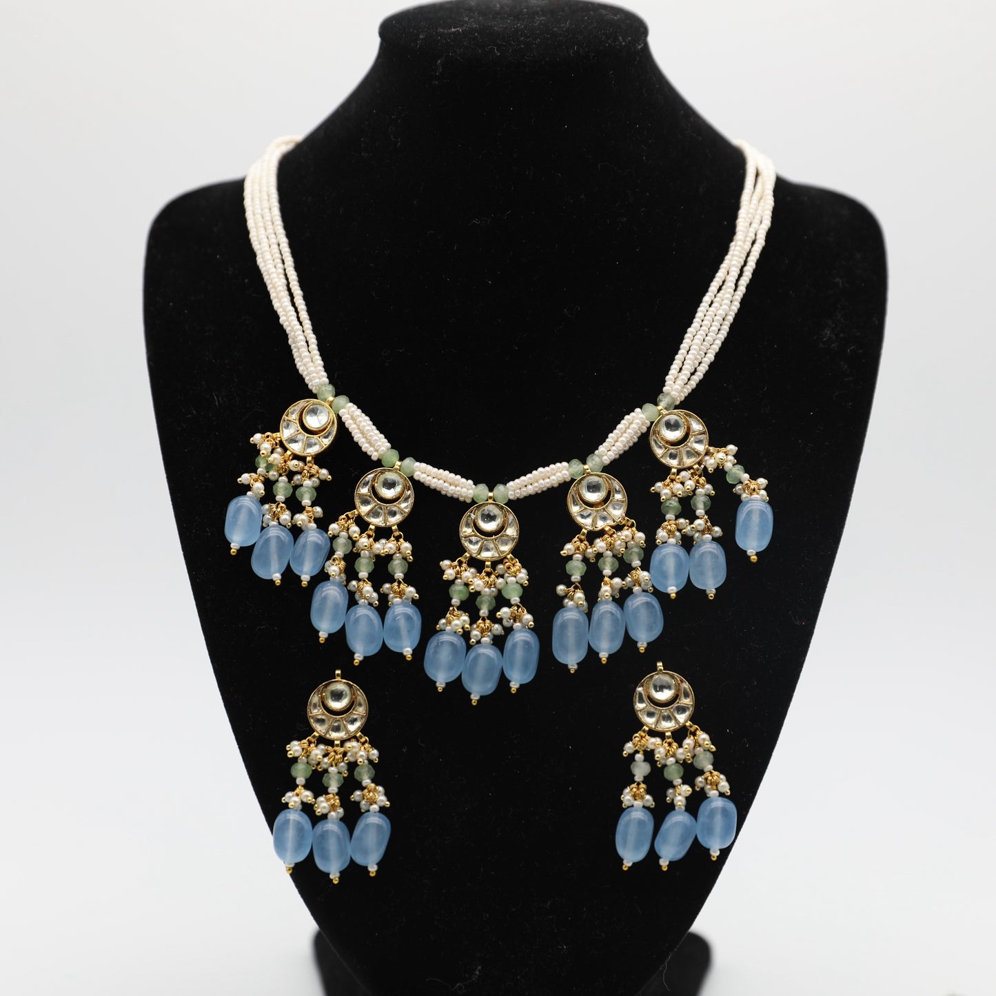 Kudan Jewelry Set – Dark Green, Light Blue & Blue – Necklace, Earrings & Pearls 💎✨